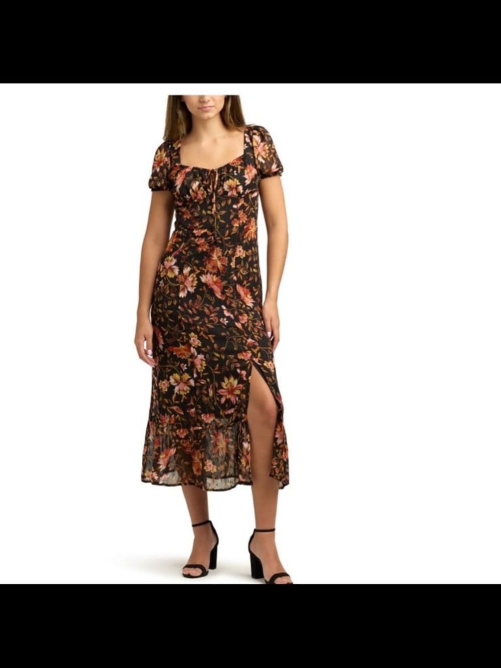 BCX Black Floral Puff-Sleeve Midi Dress with Side Slit